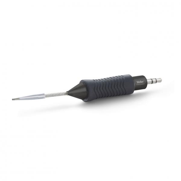 The image shows a soldering iron with a gray, non-slip grip and a pointed, silver soldering tip. The tip is flexible and slightly wavy.