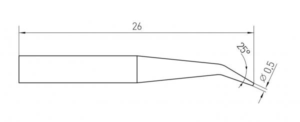 The image displays a technical sketch of a tool. It has a length of 26 mm and a tapered tip angled at 25°. The thickness of the tip is 0.5 mm.