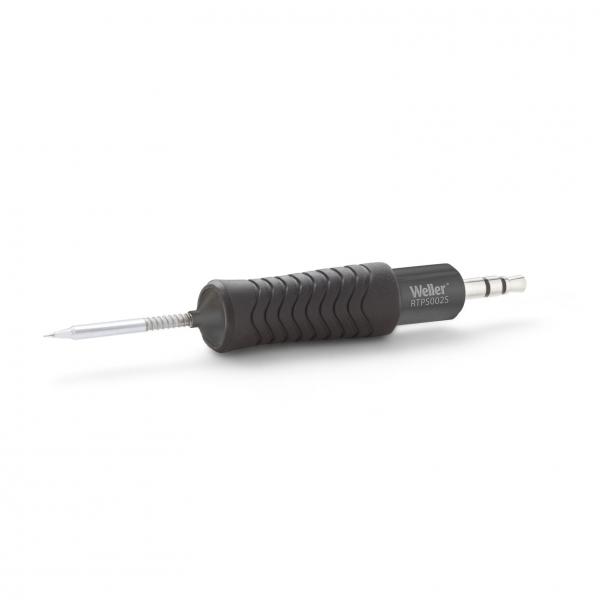 The image shows a soldering iron with an ergonomic, non-slip handle made of black plastic. The tip is made of metal and slightly angled. Next to it, a small plug is visible.