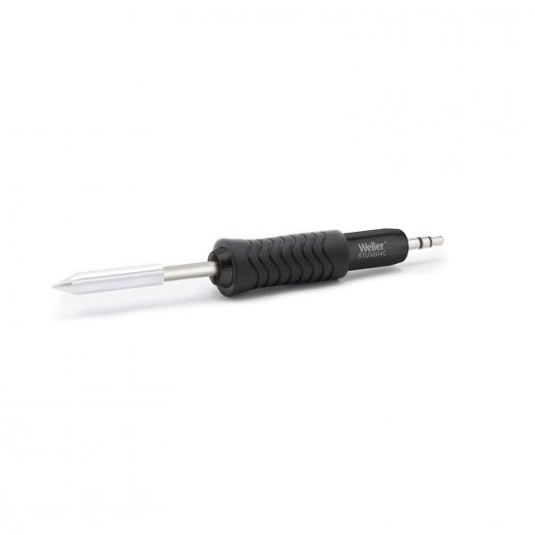 The image shows a soldering iron with a black, non-slip grip and a pointed, silver tip. The iron has a sleek shape and is suitable for precise soldering.