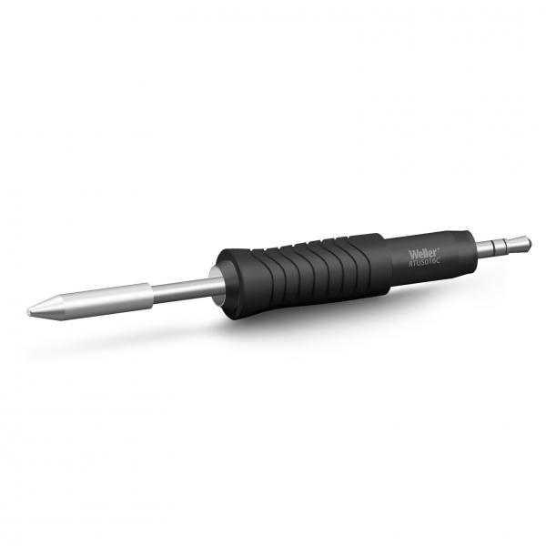 The image shows a screwdriver with a black, rubberized handle and a silver, pointed blade. The handle has a grooved surface for better grip.