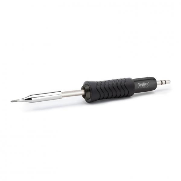 The image shows a soldering iron with a gray, ridged handle and a silver tip. The handle is ergonomically designed to allow for better handling.