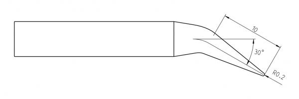 Das Bild zeigt eine technische Zeichnung eines Werkzeugs mit einem langen, geraden Griff und einer schmalen, spitzen, abgeschrägten Klinge. Es sind Winkel und Maße eingezeichnet.