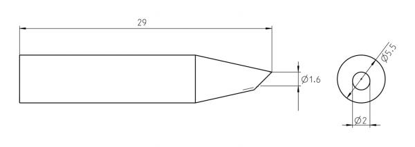 The image displays a technical drawing of an elongated object with a pointed front end. Various dimensions are provided: length 29 mm, tip diameter 1.6 mm, and additional diameters.