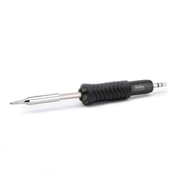 This is a soldering iron with a black, ribbed handle for a good grip. The tip is metallic and elongated, ideal for soldering. The iron is compact and handy.