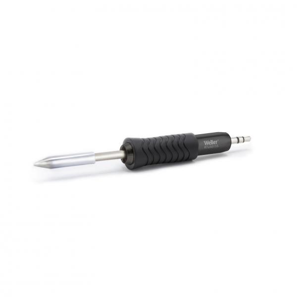 The image shows a soldering iron with a black, ribbed handle and a silver, pointed tip. The handle provides a good grip, and the tip is suitable for precise work.