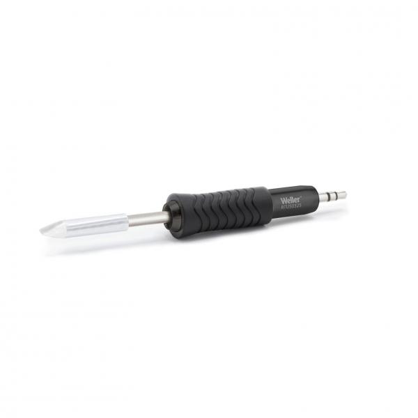 The image shows a soldering iron with a black, non-slip grip. The tip is made of metal and has a sharp, conical shape. The iron is suitable for precise soldering.