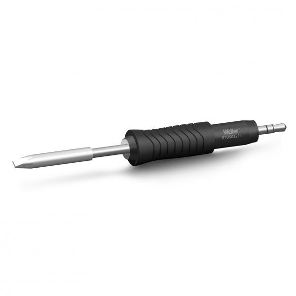 The image shows a soldering iron with a silver, pointed tip and a black rubber handle. The handle has grooves for better grip. The tool is designed for precise soldering.