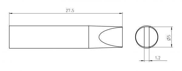 The image shows a technical drawing of a cylindrical object with a pointed edge. It includes measurements for length and diameter. On the right, a cross-section is depicted.