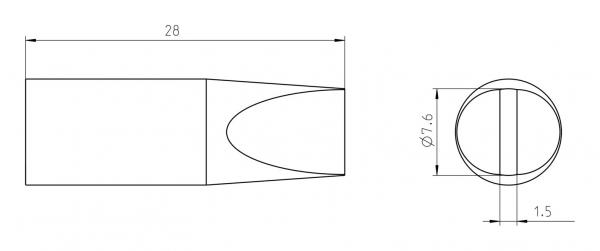 The image displays technical drawings of an object. On the left is the side view with a length of 28 units and a tapered shape. On the right is the top view with a diameter of 7.6 units.