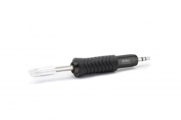 The image shows a soldering iron with a black, non-slip grip and a silver tip. The tip is slightly flat and has a narrow opening for precise work.