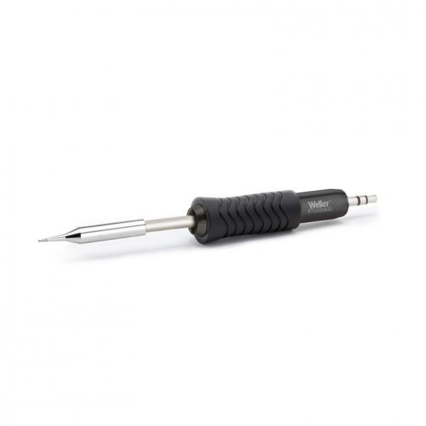 The image shows an electric soldering iron with a black, ridged handle for better grip. The tip is made of shiny metal and is narrow in design.