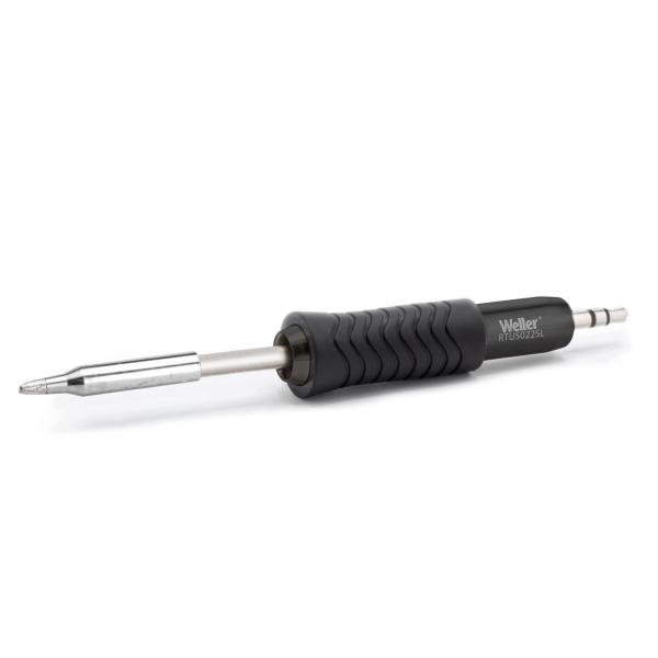 The image shows a soldering iron with a black, ribbed plastic handle. The tip is metallic and elongated. The iron has a comfortable grip shape for precise work.