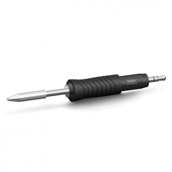 The image shows a screwdriver with an ergonomic, black rubberized handle and a silver, pointed tip. The handle has grooves for better grip.