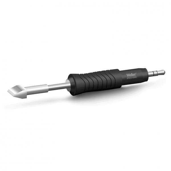 The image displays a tool instrument with a black, rubberized handle and a pointed metallic tip. The tip is flat and slightly angled forward, ideal for soldering.