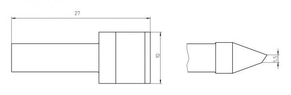 The image displays a technical drawing of an object with a cylindrical shape and a sharp, conical tip. Dimensions provided: 27 mm width and 12 mm height.