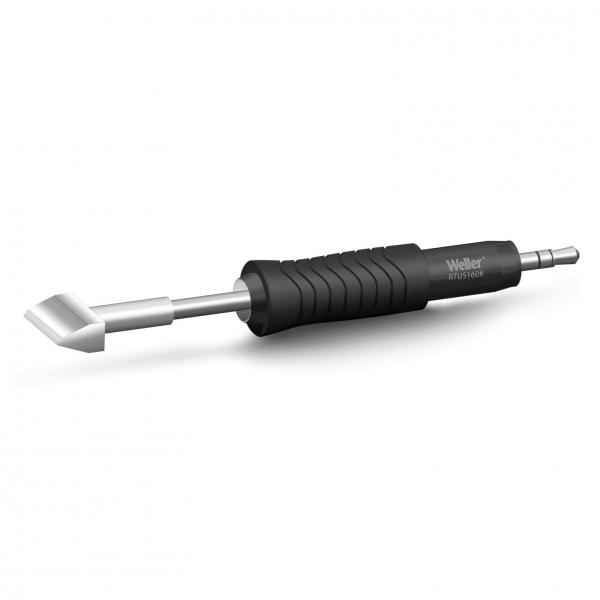 The image shows a soldering tip replacement attachment. It has a silver, pointed tip and a black rubberized handle with grooves for better grip. The tip is flat and angled.