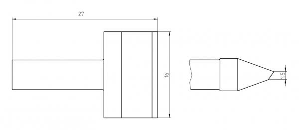 The image displays a technical drawing of an object with a cylindrical shape. The diameter is 29 mm, the total length is 16 mm, and it has a pointed end shape.