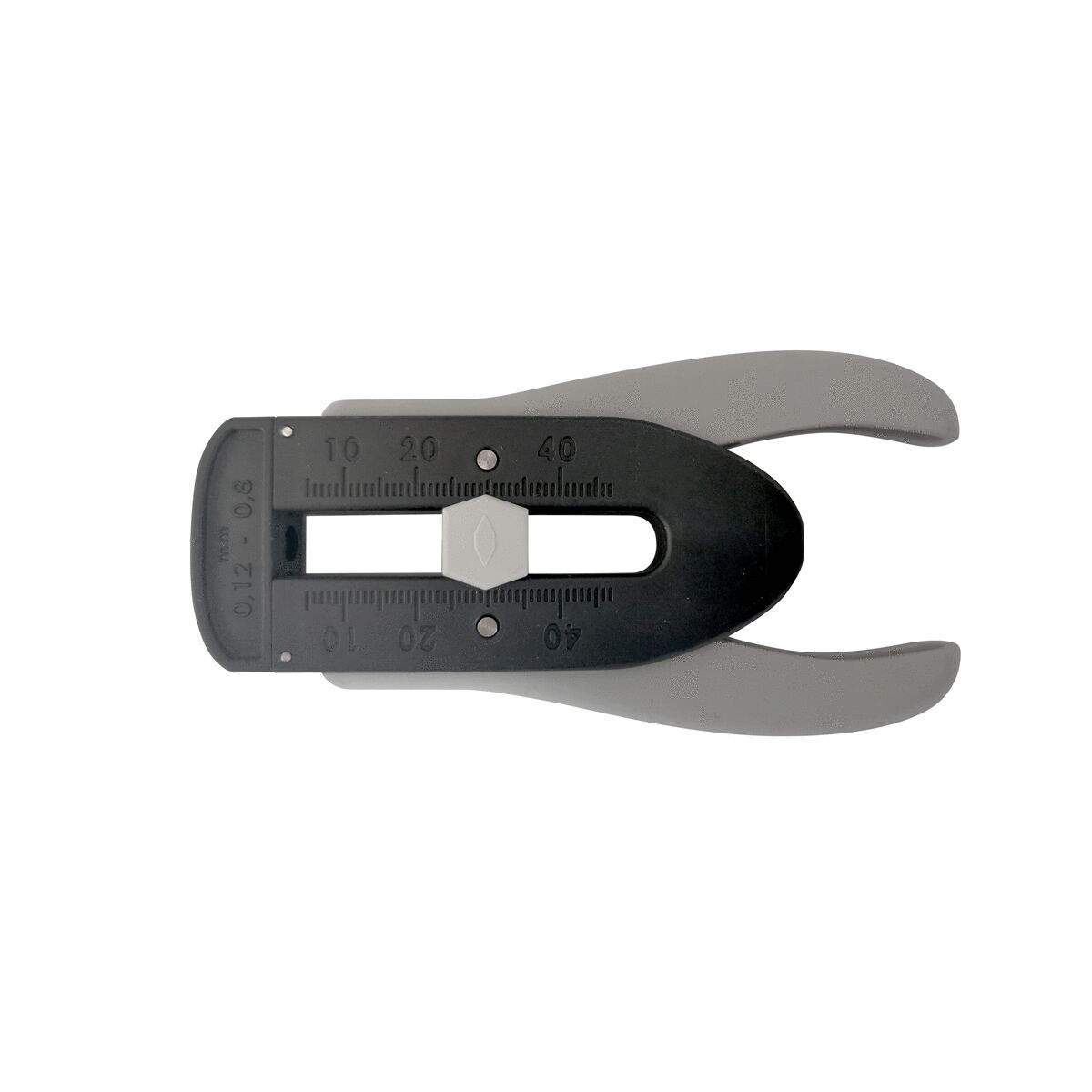 The image shows a tool with two gray handles and a black body. It has a scale with numbers from 0 to 70 mm and a central opening. It is used for measuring or punching.