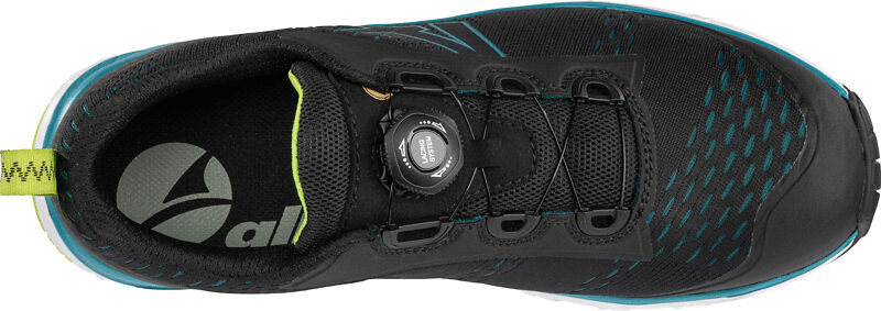 The image shows a sports shoe from above. It is black with blue and green accents. The laces have been replaced by an adjustment system. The sole is lightweight and textured.