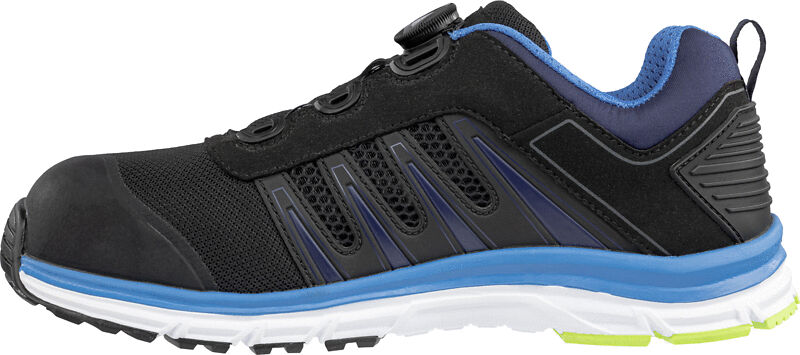 The shoe is black with blue accents. It features a sporty shape, breathable inserts, and a reinforced toe area. The sole is grippy and white with green details.