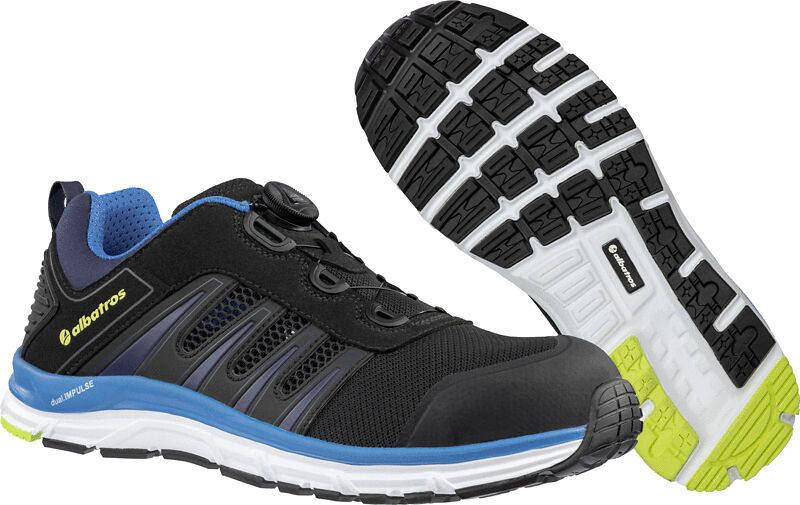 The shoe is black with blue and green accents. It has a sporty design, a non-slip sole, and a breathable surface. The lacing is done via a practical twist closure.