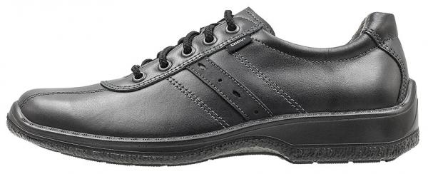 The shoe is a black, classic lace-up made of leather. It has a smooth surface, flat sole, and two decorative stripes on the side. The silhouette is modern and simple.