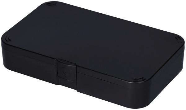 The image displays a rectangular, black plastic box. It has rounded corners, a simple, smooth lid, and a small buckle in the middle. Ideal for storing small items.