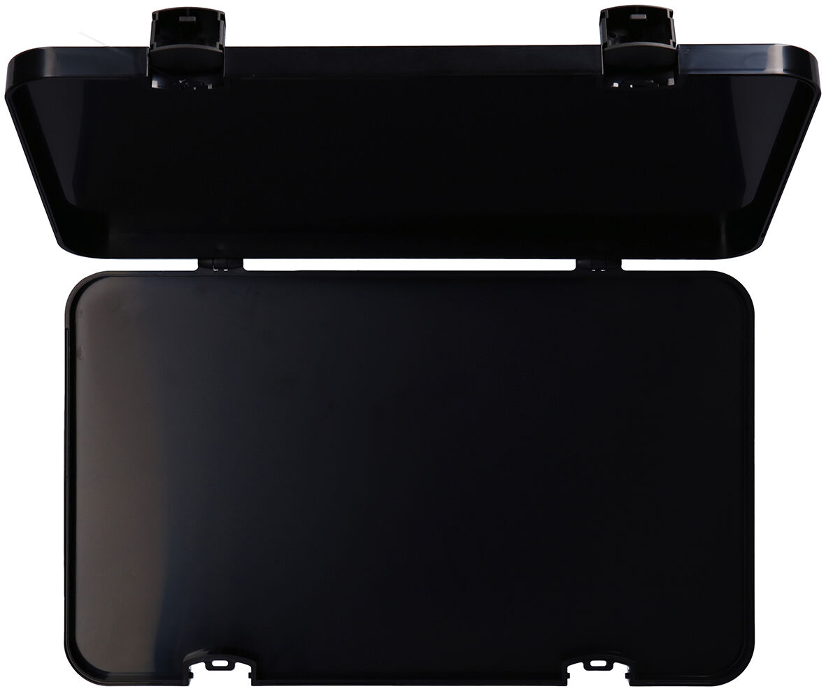 The image shows a black, rectangular box with an open lid. The surface is smooth and shiny, and the lid is attached with two hinges.