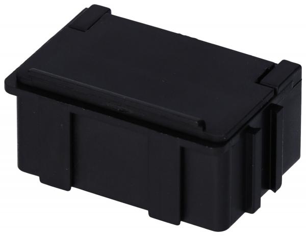 The image shows a small, rectangular container in black. It has a smooth surface and a flap or lid that opens easily. There may be small indentations on one side for grip.