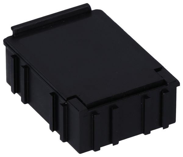 The image displays a small, rectangular black plastic container. It features a flap on top and is designed with grooves on the sides that provide stability.