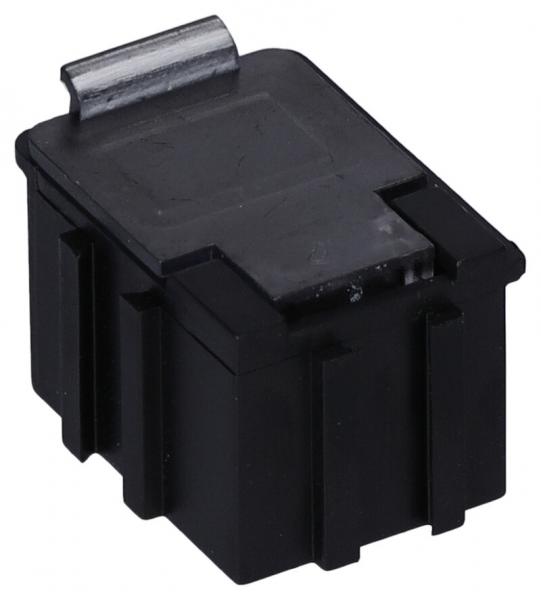 The image shows a small, rectangular, black box with a flat lid and side grooves. On the top, there is a metal flap. It resembles a connector.