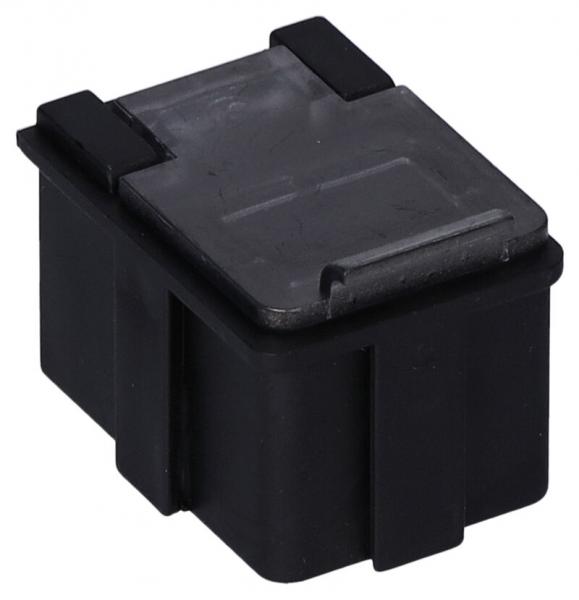 The image shows a small black container with a flat, slightly transparent lid on top. The corners are rounded, and the container has side notches. Ideal for storing small items.