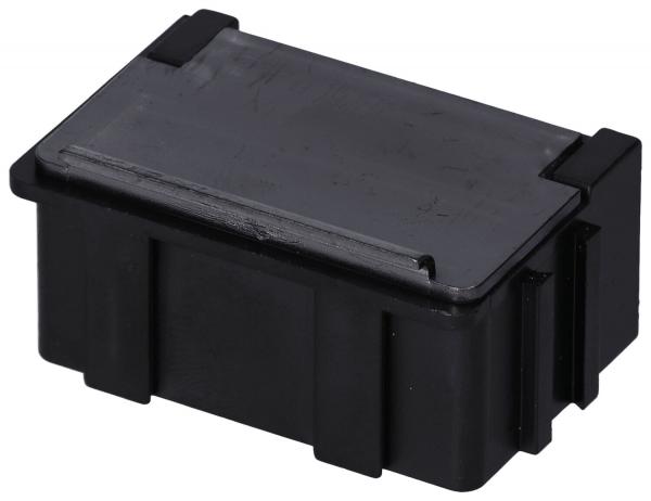 The image shows a rectangular, black box with a flat lid. The sides are angular and there are two small brackets at the corners. It appears sturdy and stable.