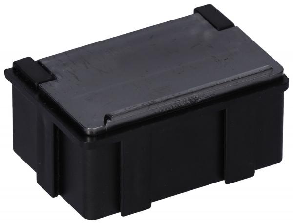 The image shows a rectangular, black plastic box with a flat lid. The edges are rounded, and there are side indentations for a better grip.