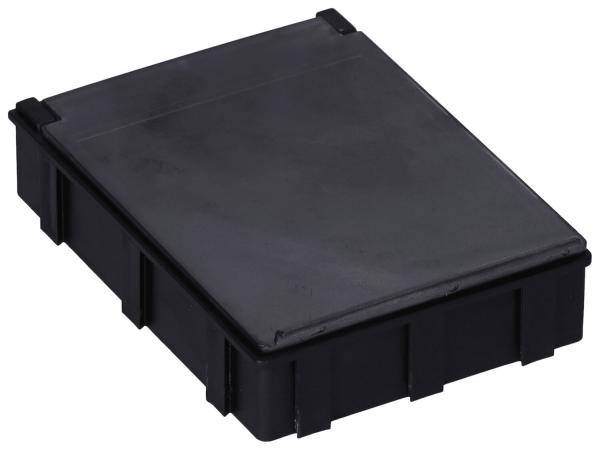 The image shows a black, rectangular plastic box with a slightly raised lid. The sides are smooth and the corners are rounded. The box has a textured surface.