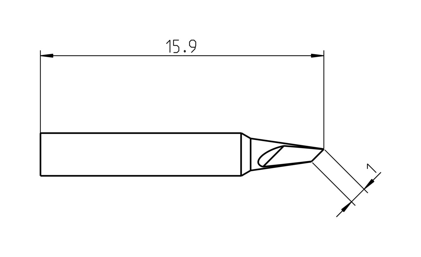 Das Bild zeigt eine technische Zeichnung eines Werkzeugs mit einer Länge von 15,9 mm. Es hat einen geraden Körper und eine schräg zulaufende, spitze Kante.