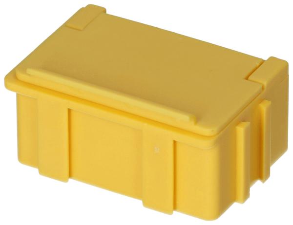 The image shows a small, rectangular, yellow plastic box with molded sides and a flat lid. It has a simple, functional design with no special decorations.