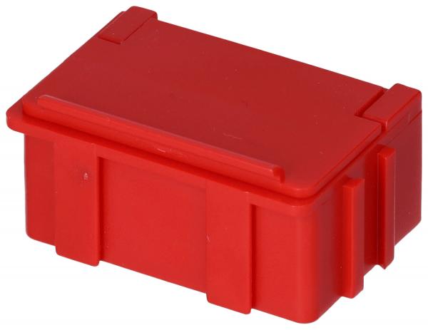 The image shows a rectangular, bright red box with a flat lid. The sides and edges are smooth. It has a practical shape for storing items.