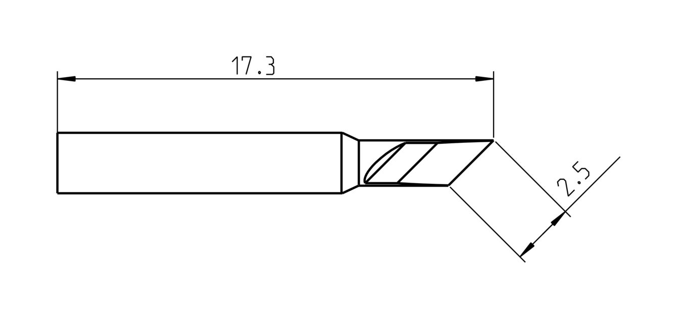 Das Bild zeigt eine technische Zeichnung eines Werkzeugs. Es hat eine lange, gerade Form mit einer schrägen Spitze. Die Maße sind 17,3 mm lang und 2,5 mm hoch. Der Schnitt hat eine spiralförmige Struktur.