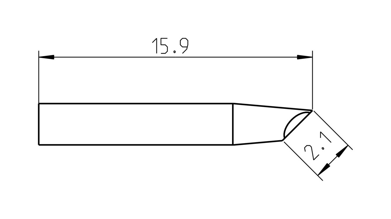 The image shows a technical drawing of an object with two measurements: 15.9 units in length and a width of 2.1 units at a conical tip.