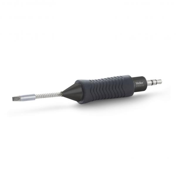 The image shows a screwdriver with a rubberized, non-slip handle. It has a long, spiraled blade and a flat attachment at the tip, which is well-suited for precision work.