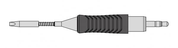 The image shows an elongated, gray object with a grooved center and two different ends. One end is narrower with a spring, the other is wider and flat.