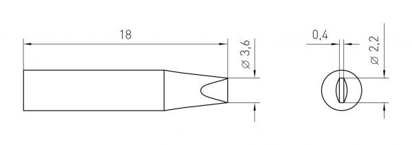 The image displays technical drawings of an object. On the left side, we see an elongated shape with a pointed tip and dimensions. On the right is a top view featuring a circular opening.