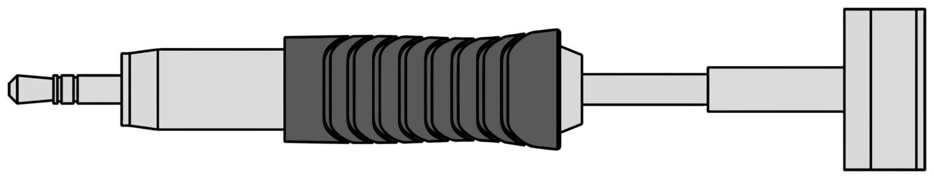 The image shows a long, straight plug with a narrow, metallic end. In the middle, there is a black, ribbed area, followed by a short, rectangular section.