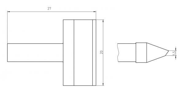 The image displays a technical drawing of a cylindrical object. It has a length of 27 mm, a width of 20 mm, and a pointed shape on the right side.