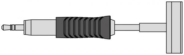 Das Bild zeigt einen Stecker mit einem runden, metallischen Ende und einem gummierten, schwarzen Griff. Der Stecker ist mit einem geraden Kabel verbunden und hat eine rechteckige Halterung.