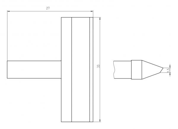 The image displays technical drawings of an object with two views: a side view and a top view. There are dimensions such as 27 and 31 that indicate the sizes.