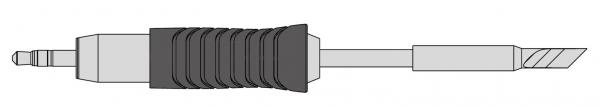 The image displays an audio jack plug. It features a cylindrical head with a black rubber layer and a narrow, wavy section, followed by a long, smooth metal part.