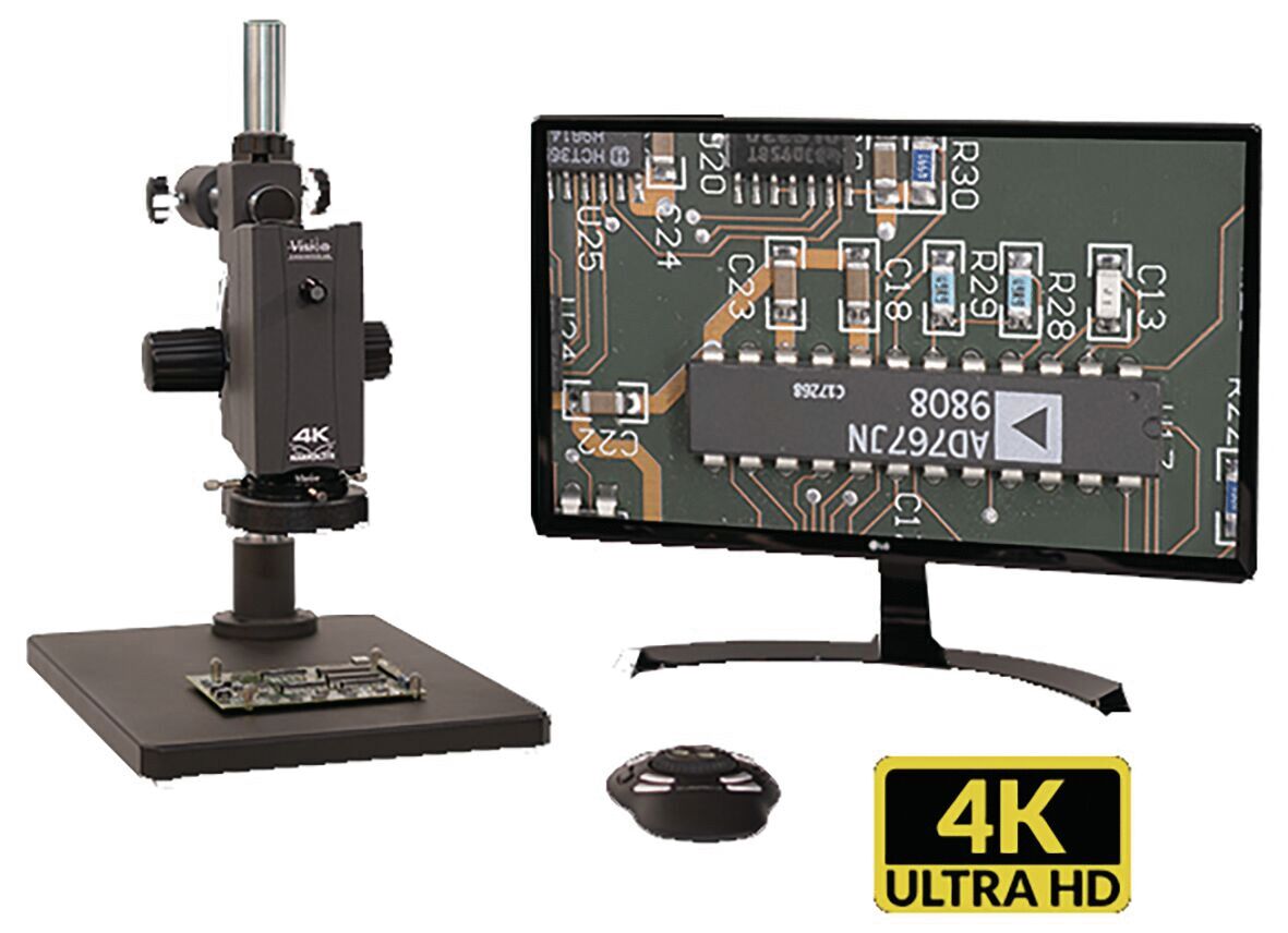 The image displays a microscope with a monitor. The monitor presents a detailed view of a circuit board. In the bottom right corner, it reads "4K Ultra HD," indicating high image quality.